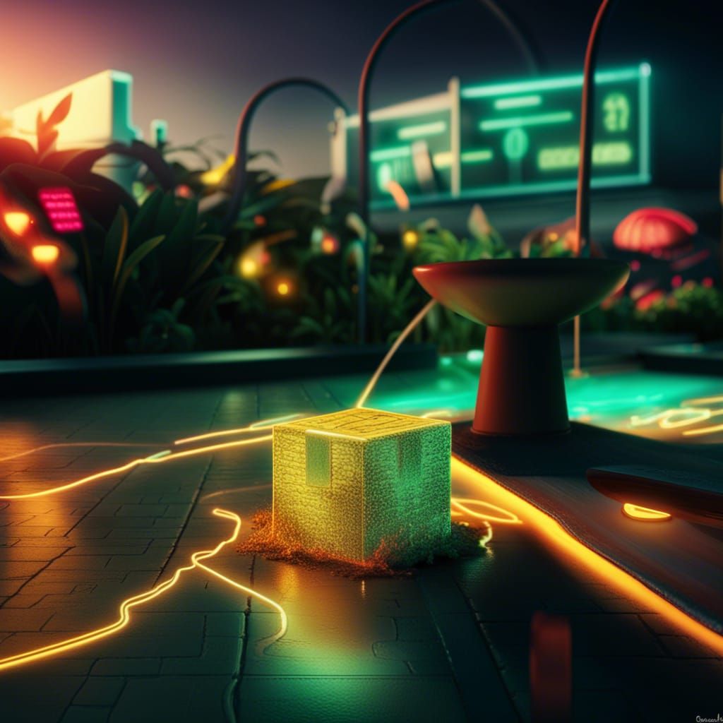 Surreal Maze with Neon Fountain in Hyperrealistic Style