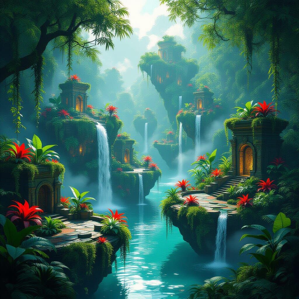 Floating Islands Jungle Ecosystem with Ancient Ruins