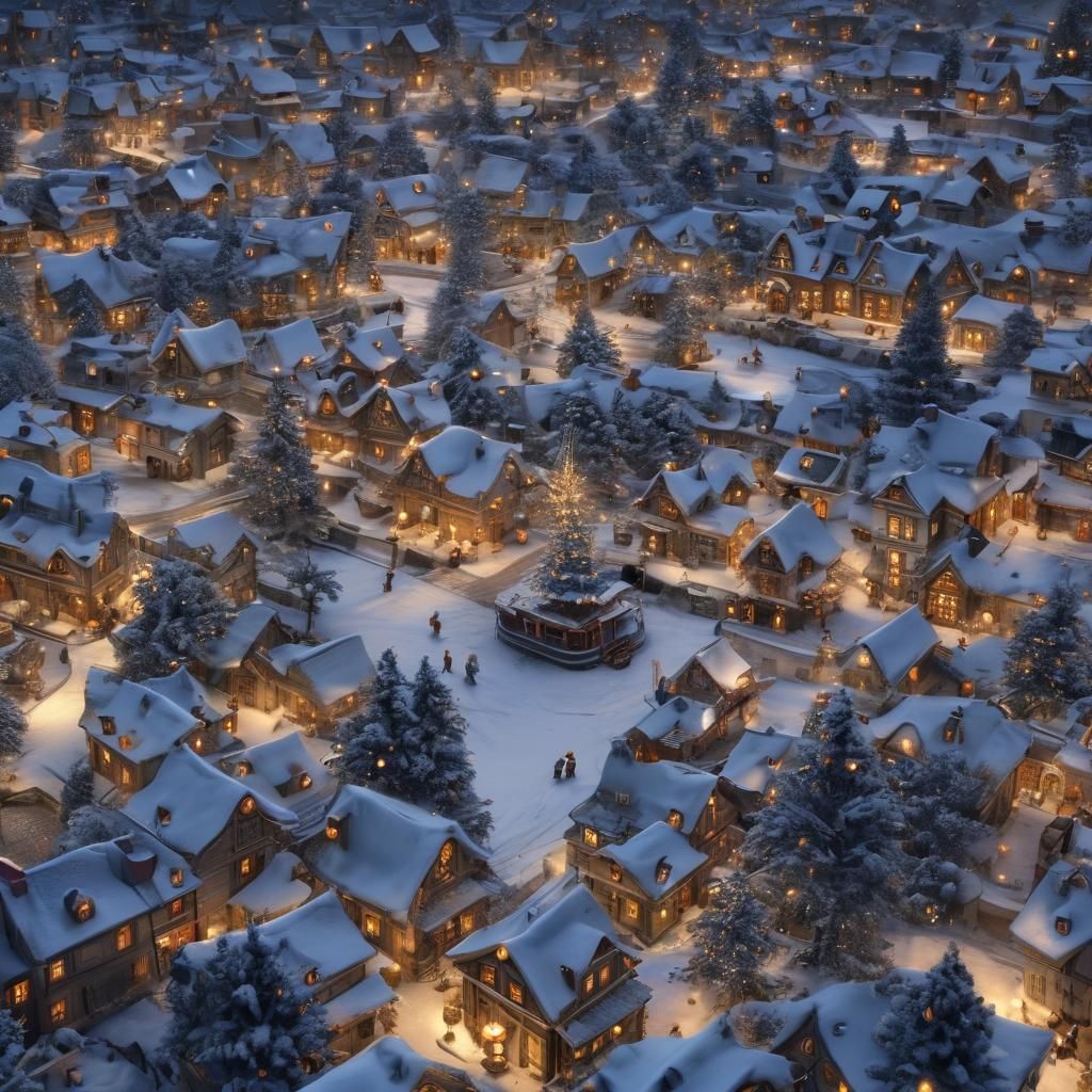 Enchanted Village Square with Fairies and Northern Lights