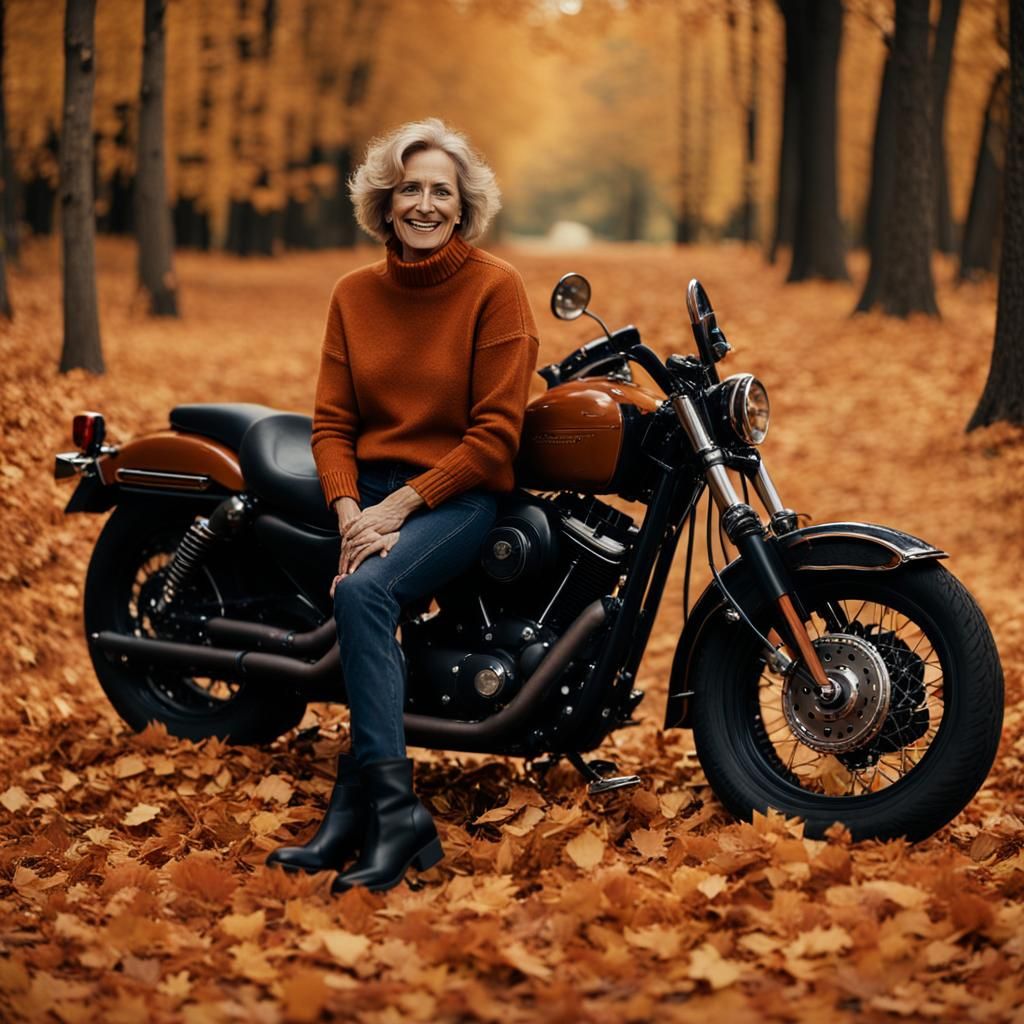Smiling Woman with Harley Davidson in Autumn