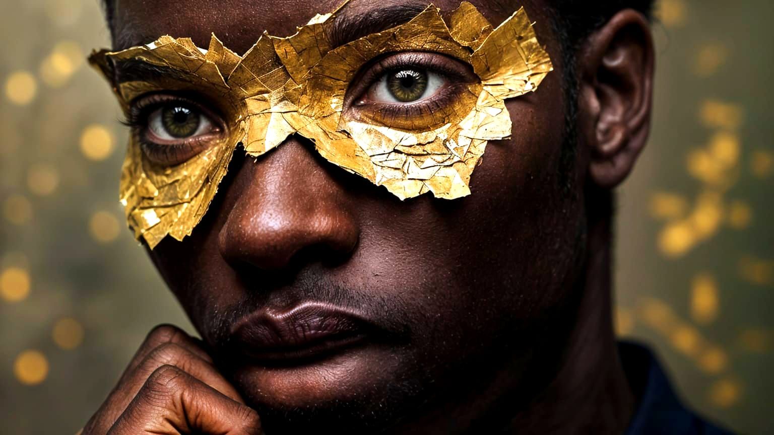 Thoughtful Man with Newspaper Eyes and Gold Flakes