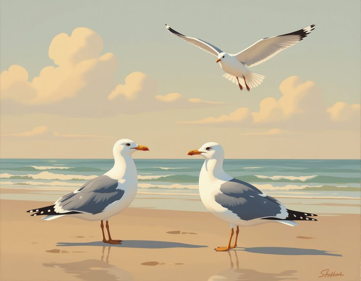 Seagulls on Beach in Mixed Media Style