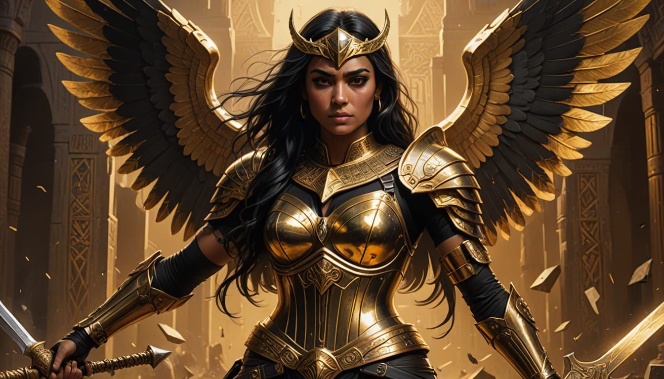 Egyptian Superheroine with Golden Wings and War Hammer