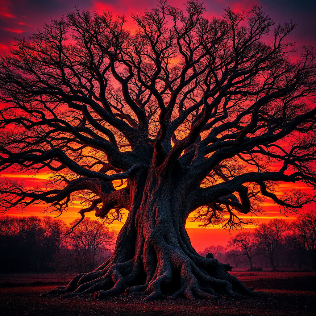 Majestic Walnut Tree at Reddish Sunset