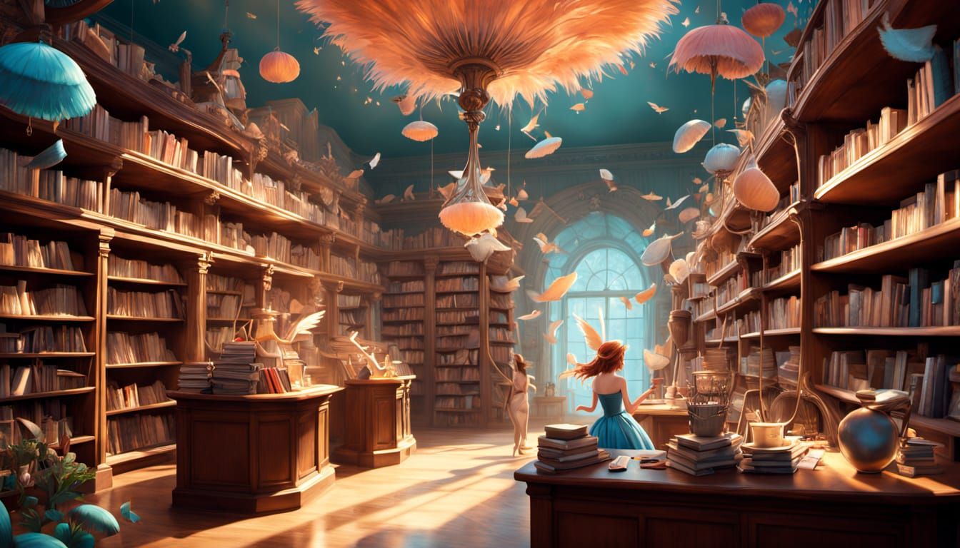 Fairies Dusting Bookstore in Whimsical Fantasy Scene