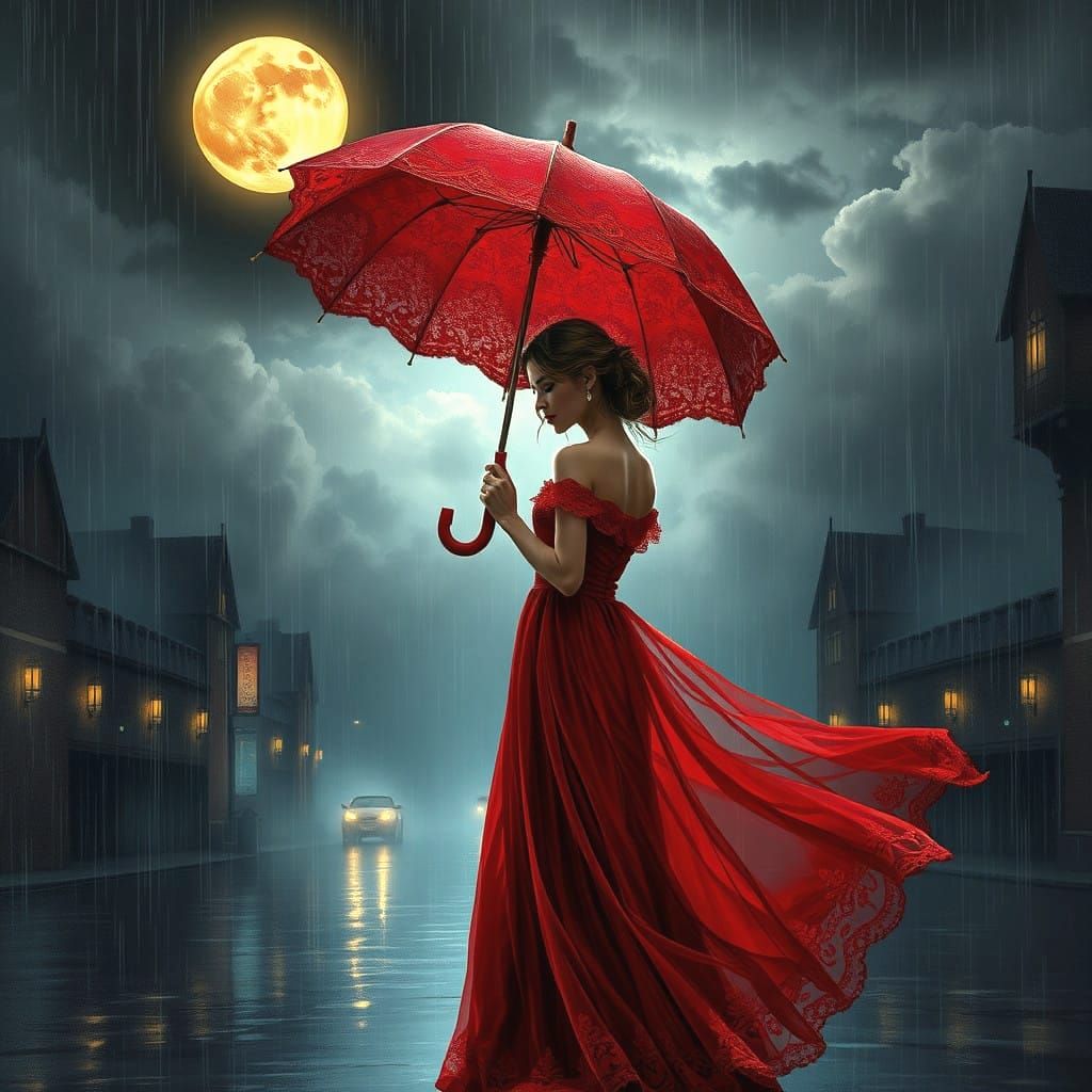 Ethereal Woman in Rainy Moonlight, Red Umbrella and Dress