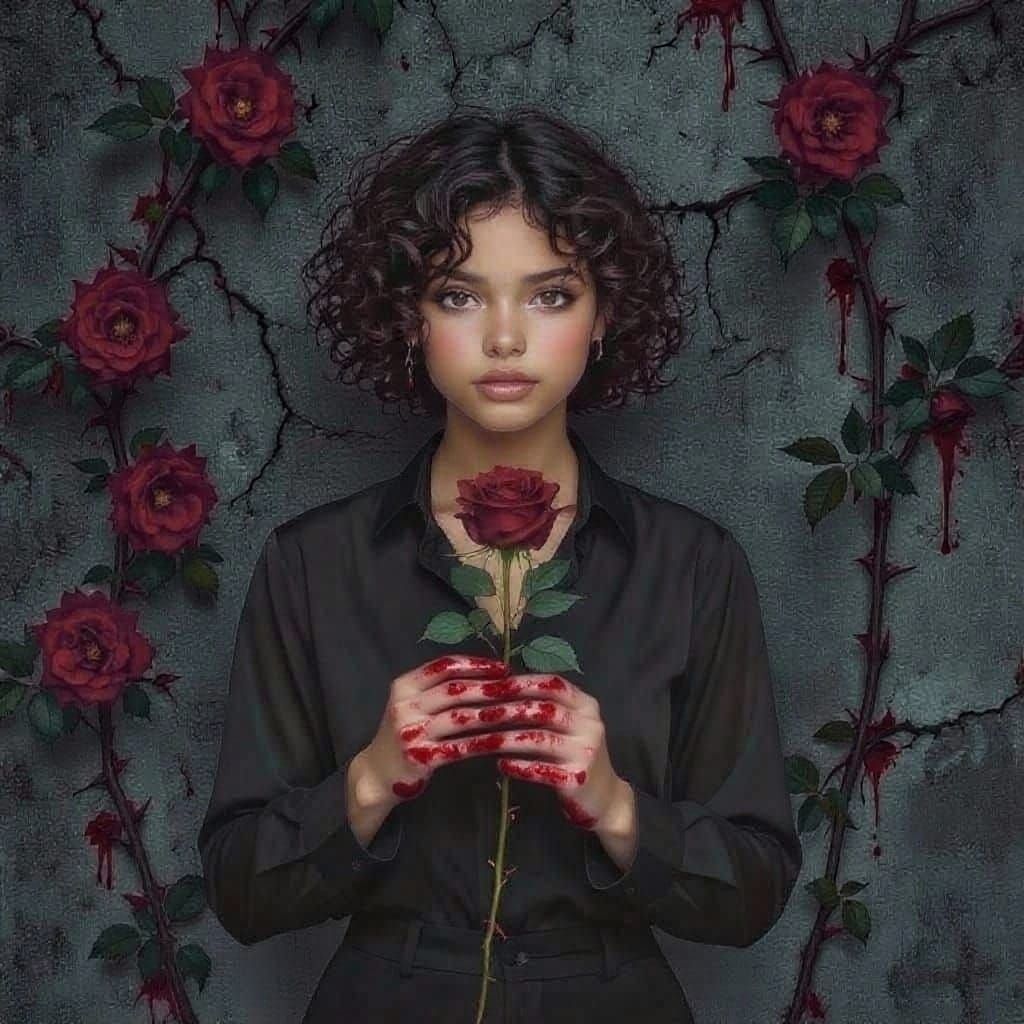 Dark Fantasy Rose Girl on Cracked Wall