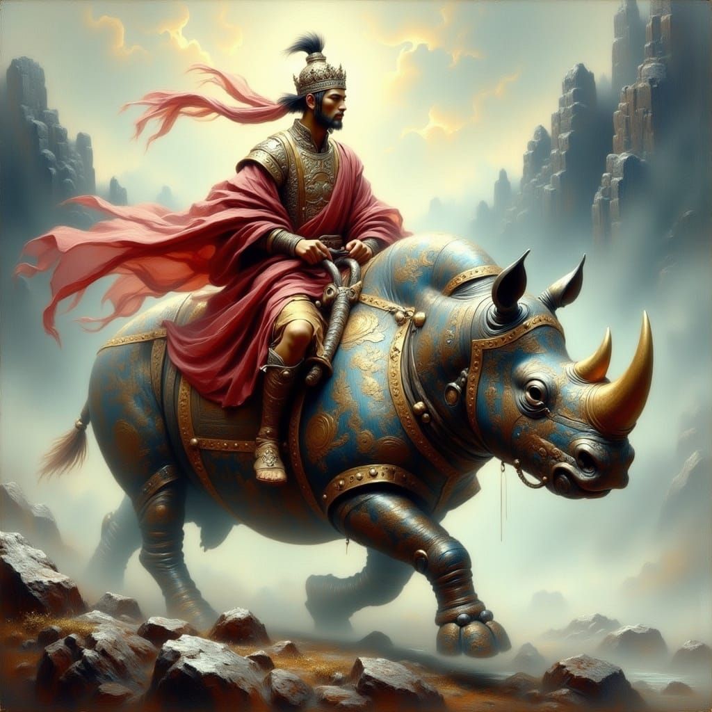 Shaolin Warrior on Armored Rhino in Mountain Landscape