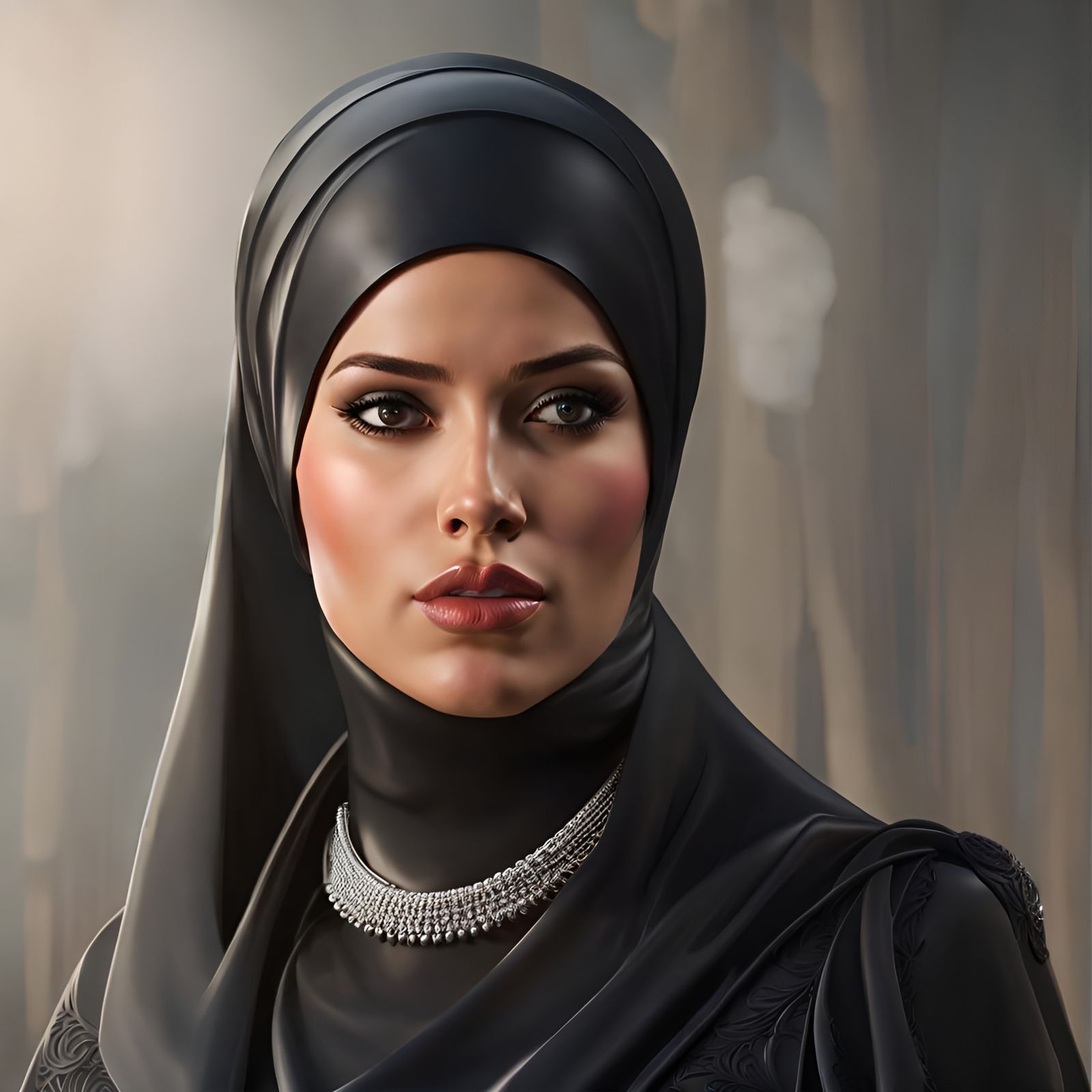 Elegant Woman in Hijab and Latex Dress