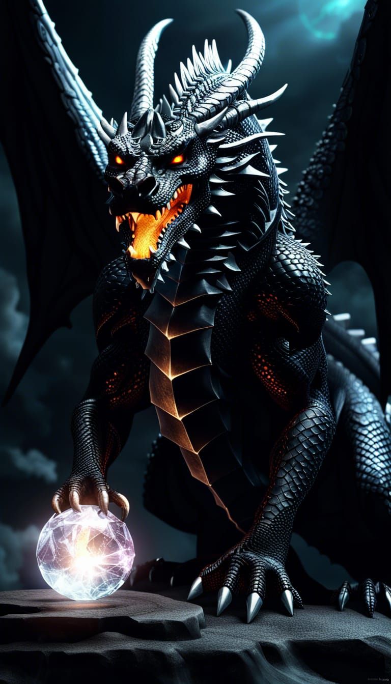 Colossal Black Dragon God with Crystal in 3D