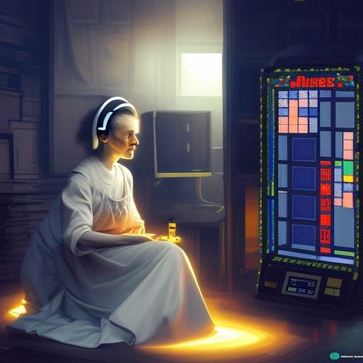 Curie and Monk Meditating in Tetris Machine, Hyperdetailed A...