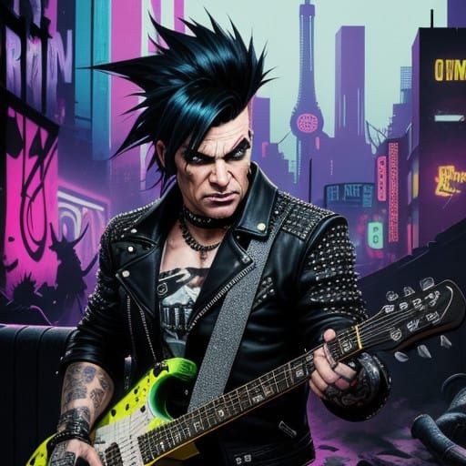 Cyberpunk Pig Rocker Shreds in a Gritty Cityscape