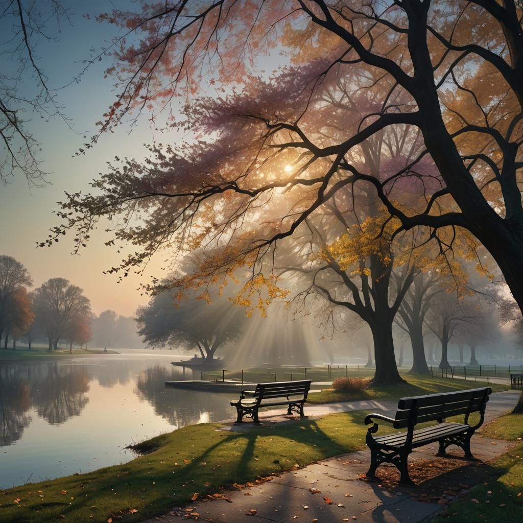 Foggy Morning Park Scene in Detailed Matte Painting