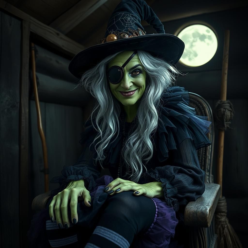 Eerie Witch in Cabin with Spiderweb Hat