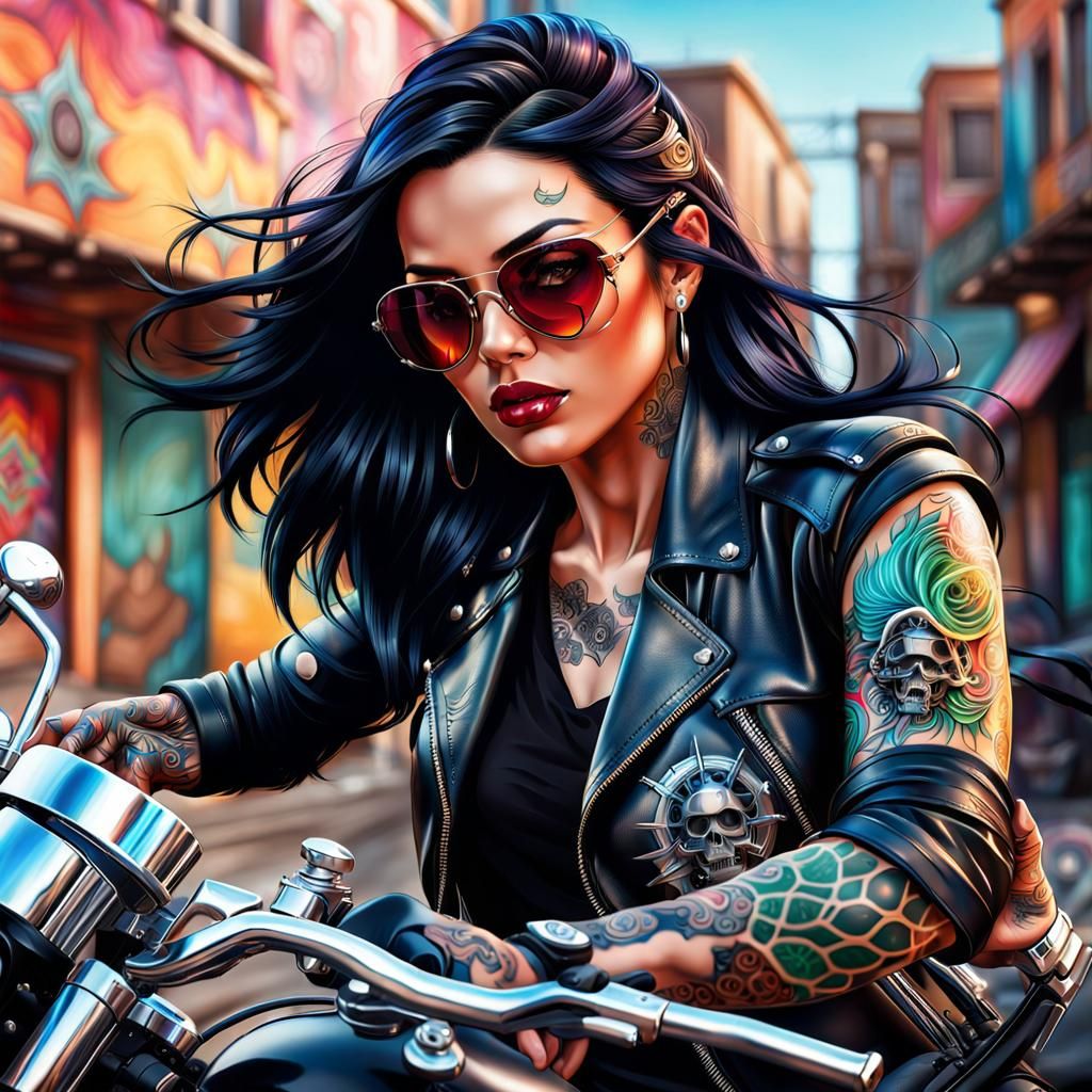 Hyperrealistic Woman on Motorcycle in Splash Art Style