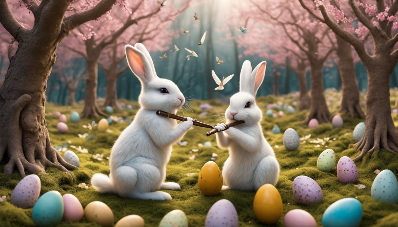 Whimsical Easter Bunny Plays Enchanted Flower Flute in Hidde...