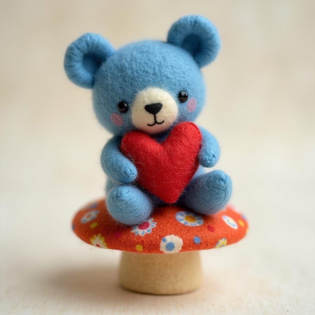Felt Blue Bear Hugs Heart Pillow on Polka Dot Mushroom