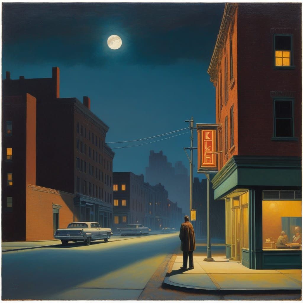 Hopper-Inspired Cityscape with Solitary Contemplative Figure