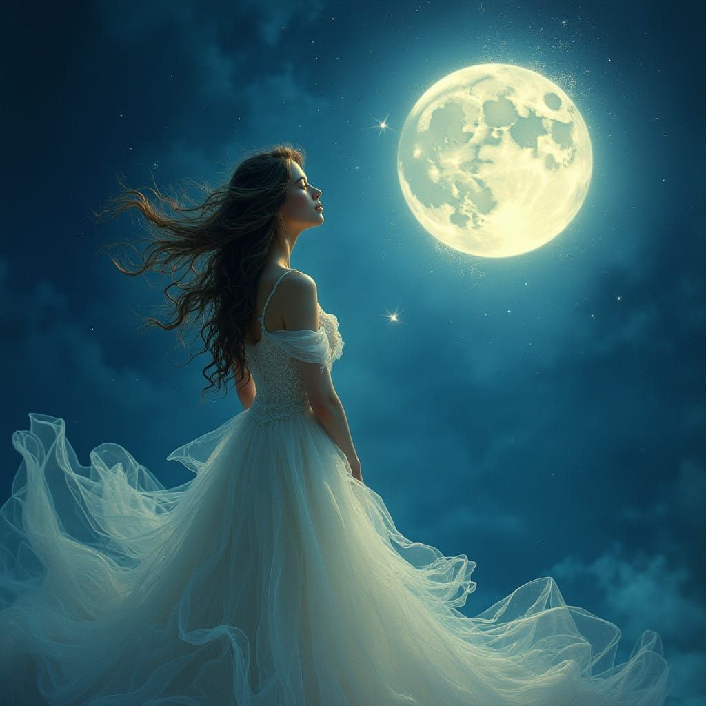 Dreamy Woman Gazing at Enchanted Moon