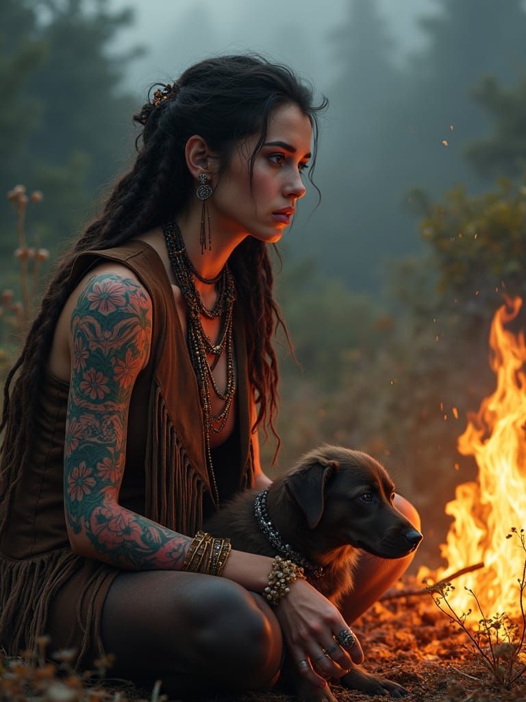 Nomadic Woman by Firelight in Cinematic Digital Matte Painti...