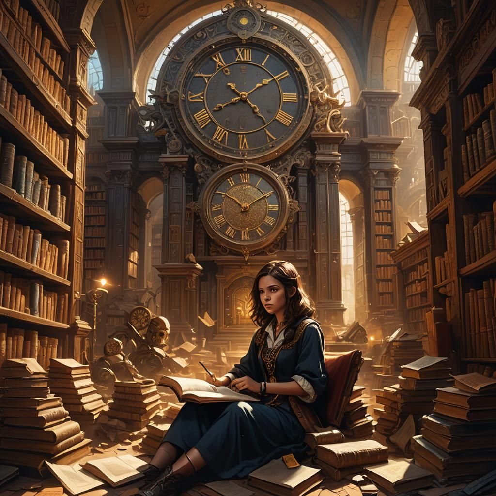 Fantasy Library Scene with Ominous Clock
