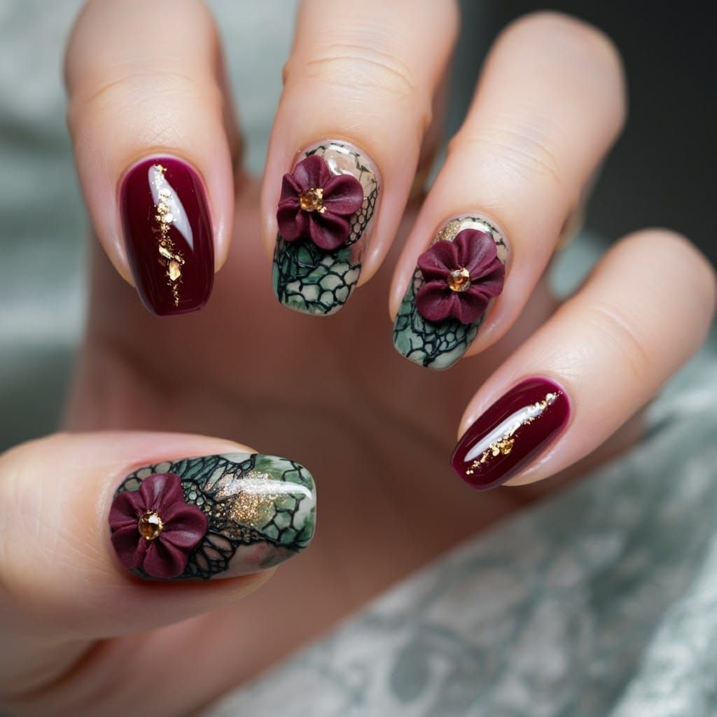 Burgundy Lace Nail Art with Floral and Camo Accents