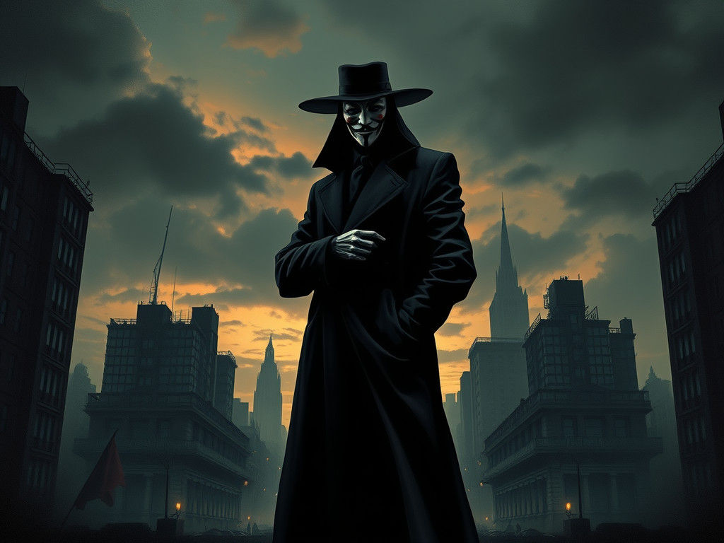 Dystopian Masked Figure in Cityscape, Comic Art Style