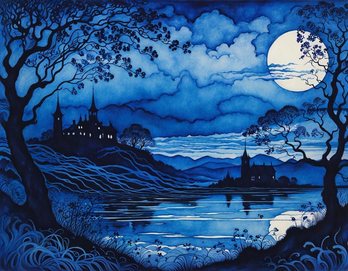 Intricate Shadows in Blue Ink, Art Nouveau Style