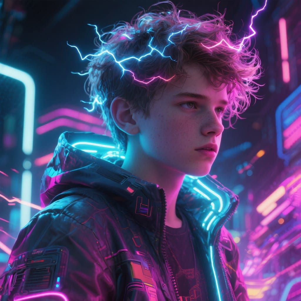 Electrified Teenager with Glowing Hair, Futuristic Art Style