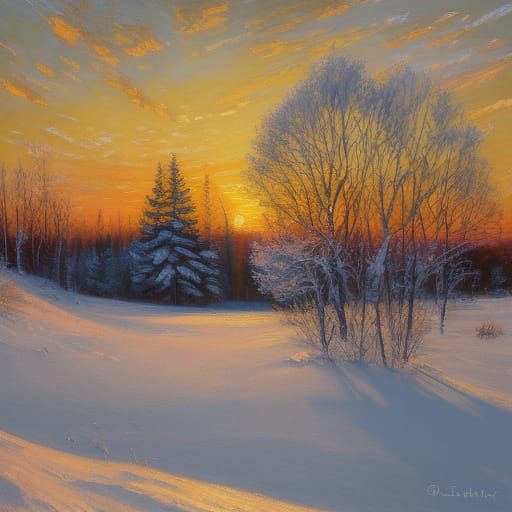 Impressionist Winter Sunset Landscape Oil Painting