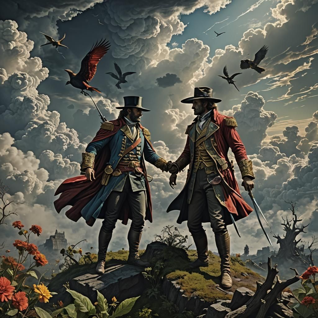 duel on a cloud add variating weather add various details of...