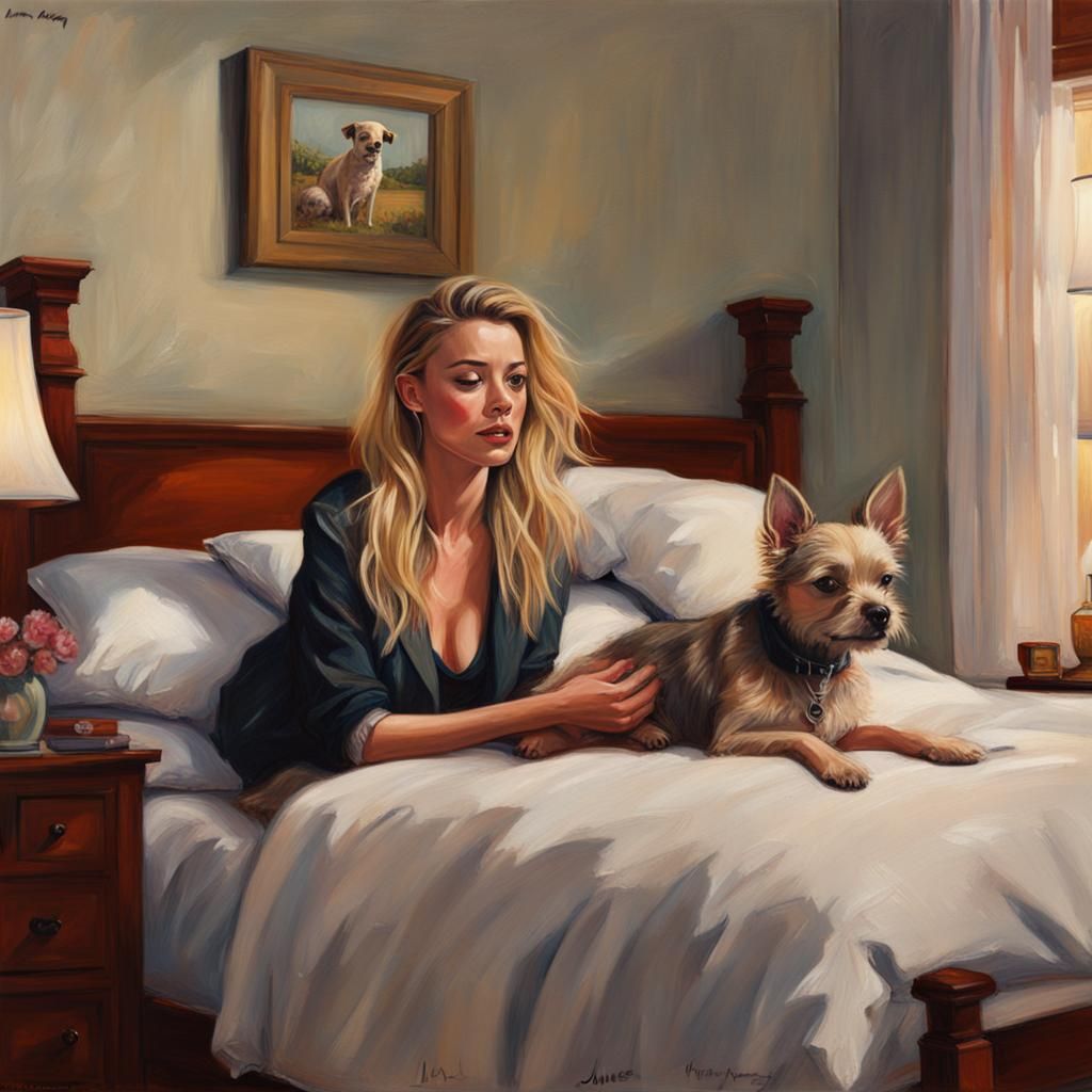 Person Petting Dog in Bedroom, Oil Painting