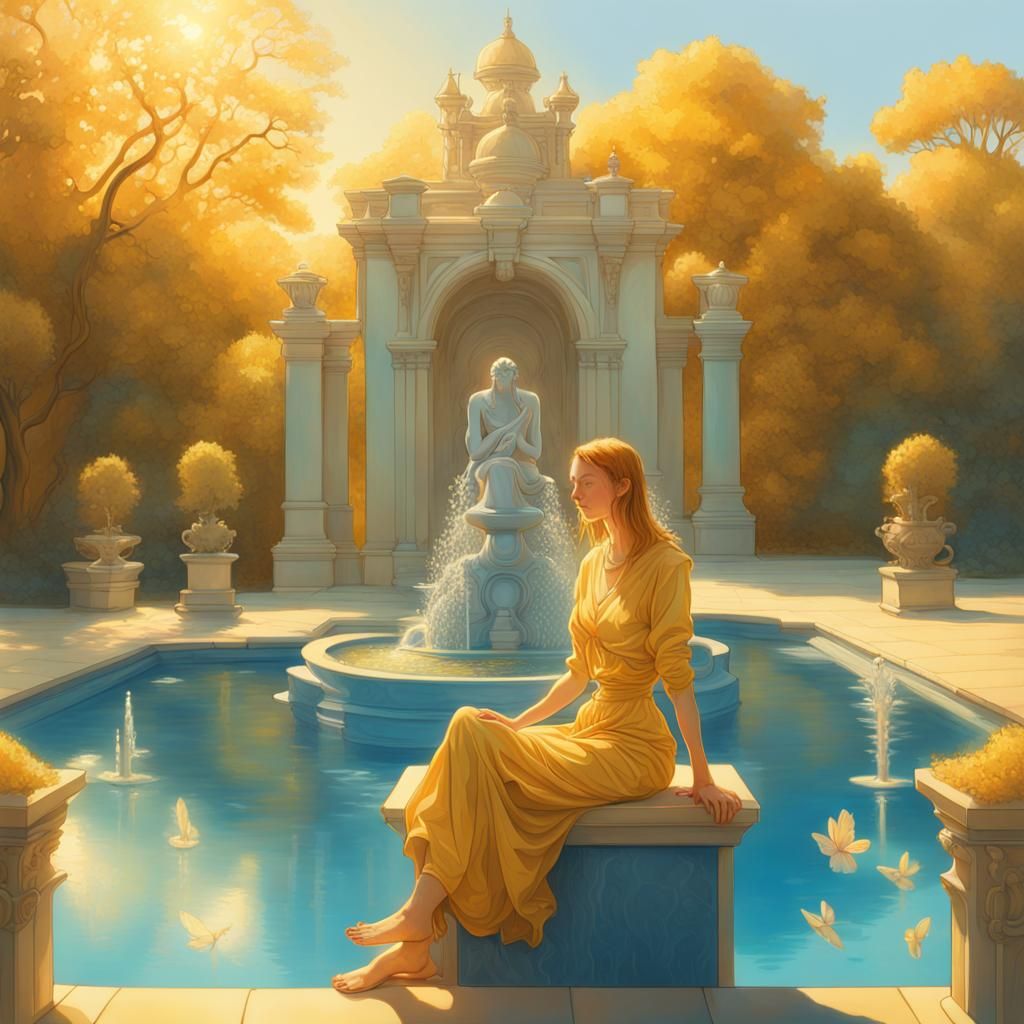 Golden Pool Scene with Gods, Airbrush Art