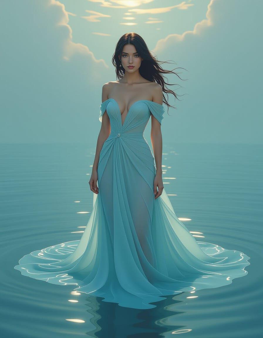Ethereal Water Woman in Flowing Aquatic Gown