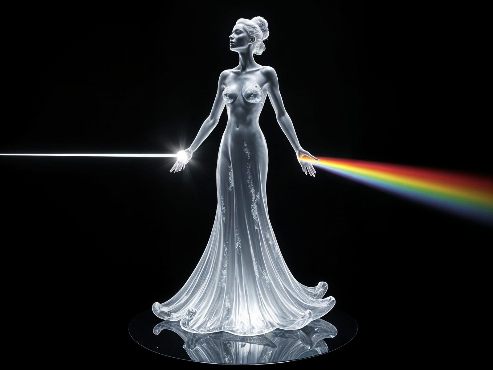 Crystal Woman Prism Refraction on Black Pedestal