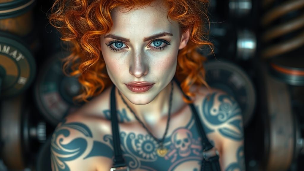 Steampunk Woman with Red Hair and Tattoos