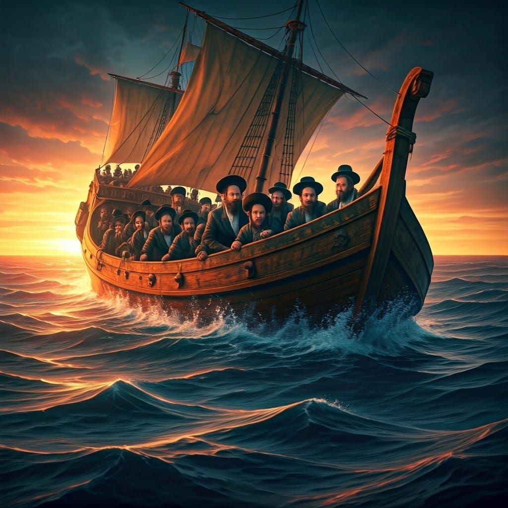 Distraught Hasidic Men and Children on a Turbulent Ship