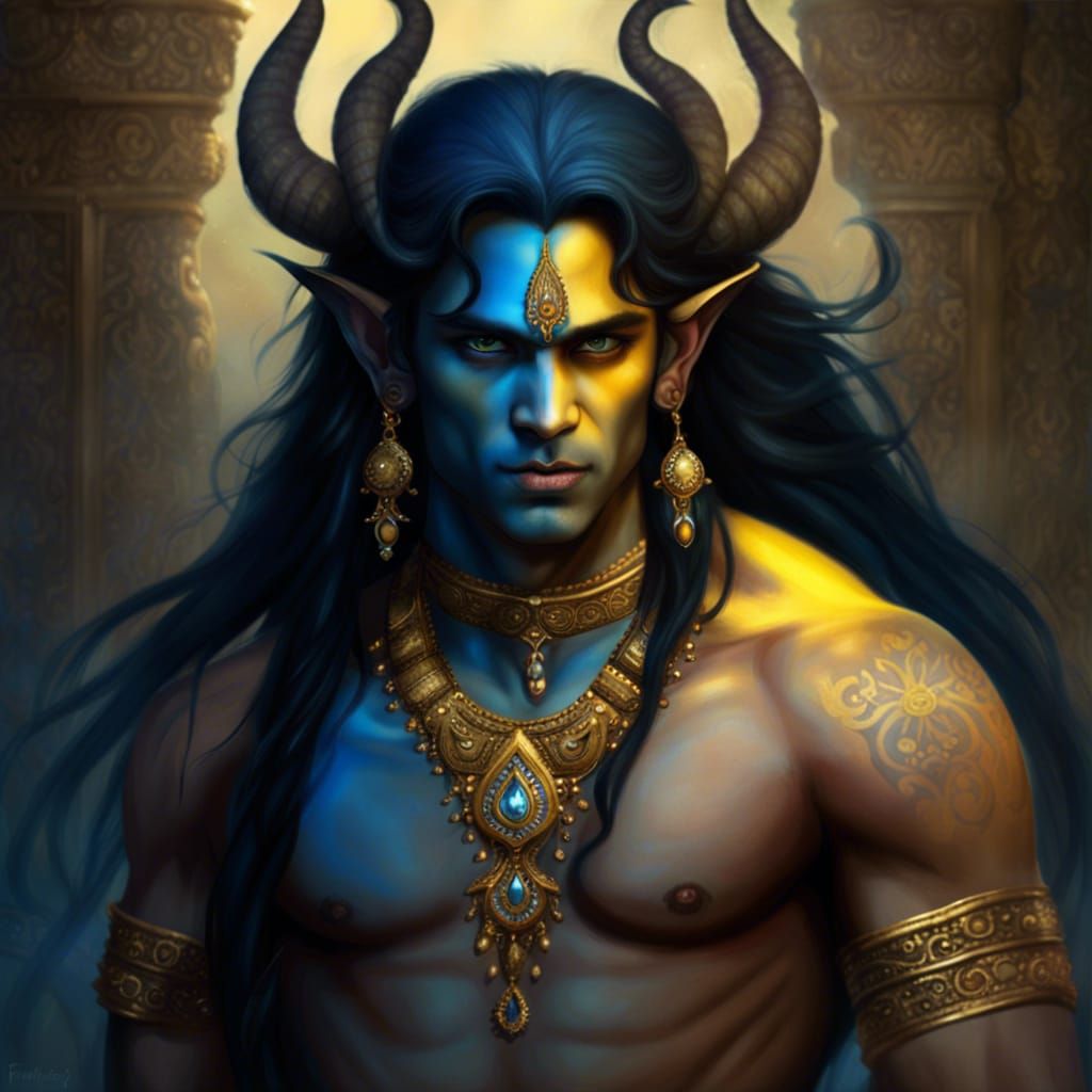 Handsome Blue Demon in Hindu Attire