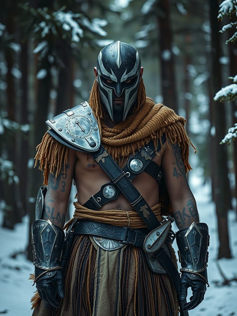 Savage Warrior Dominates Snowy Pine Forest in Futuristic Arm...