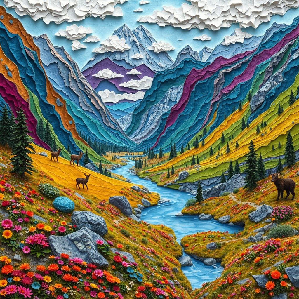 Lush Felt Mountain Valley with Wildlife in Psychedelic Style