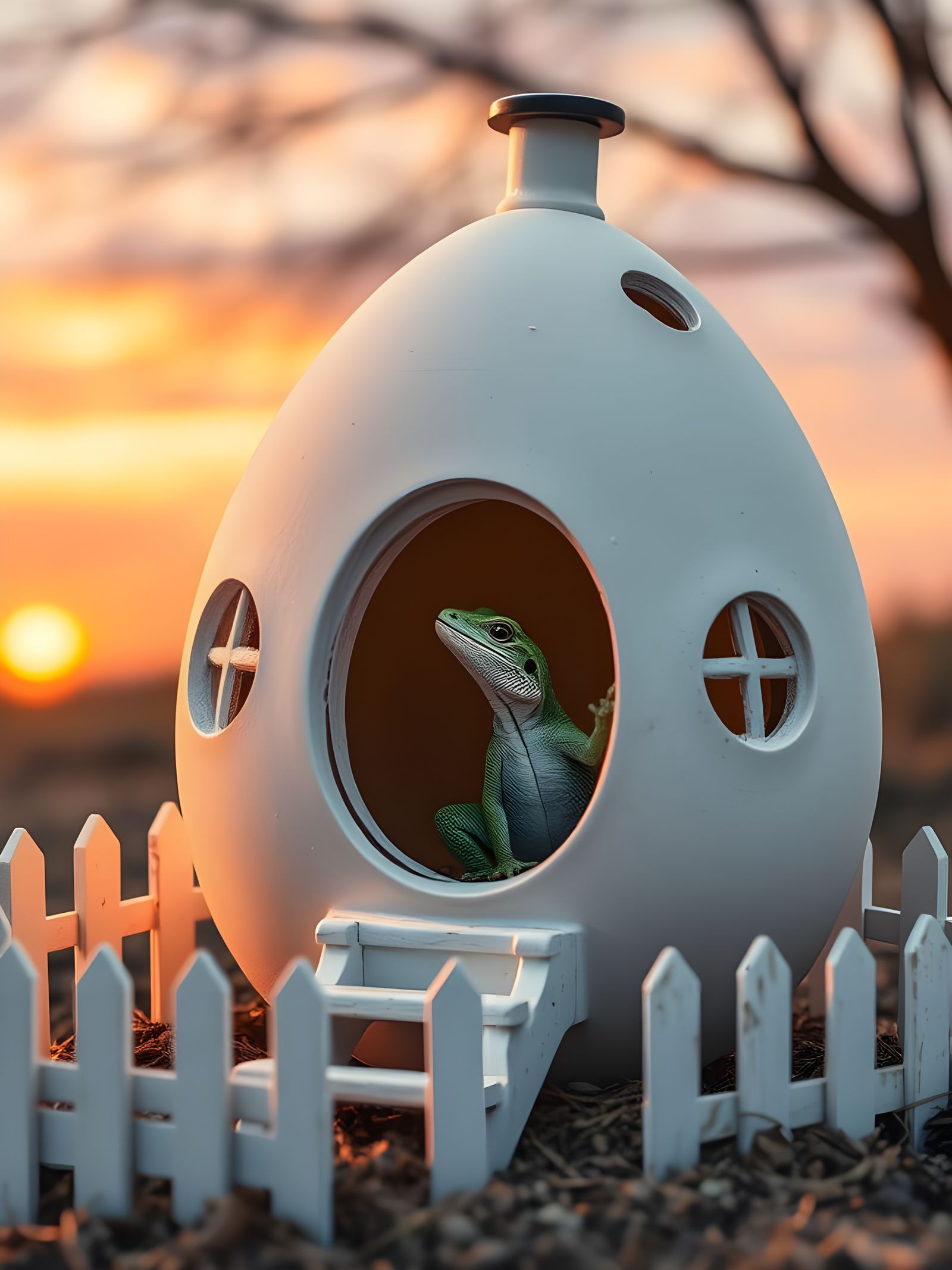 Baby Lizard in Egg House at Sunset