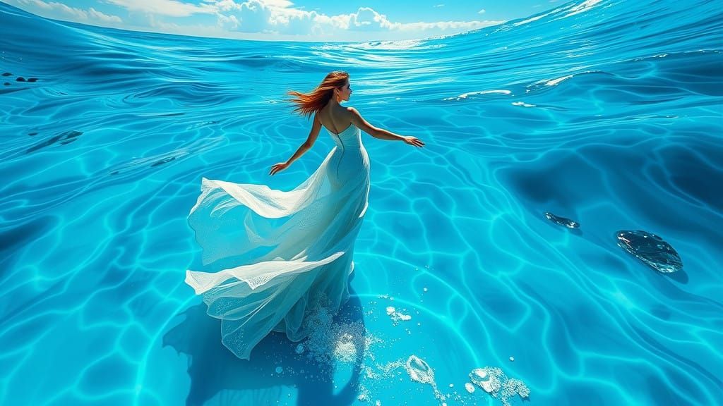 Mystical Maiden Dances across Vibrant Turquoise Expanse