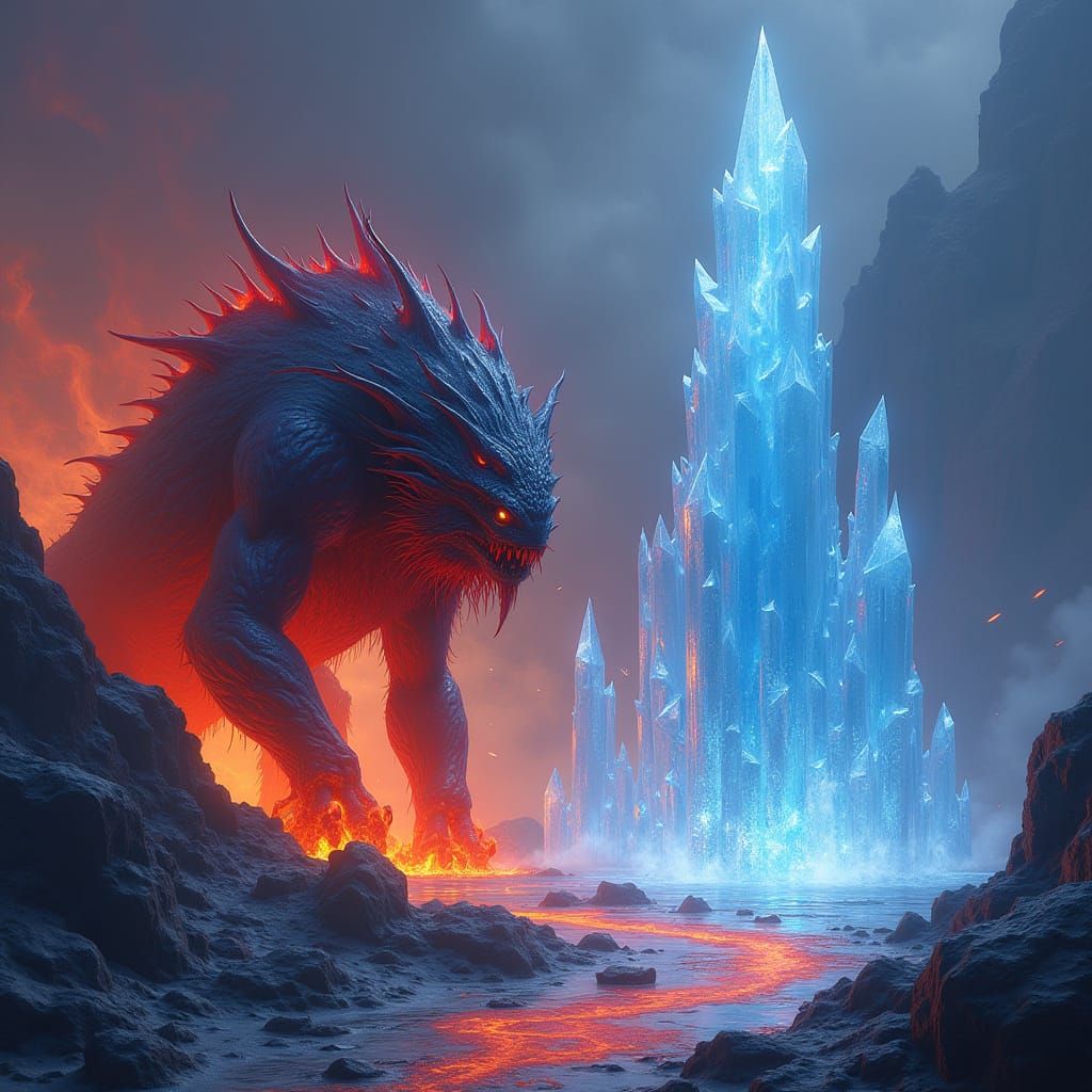 Elemental Landscape: Lava Creature and Crystal Formation