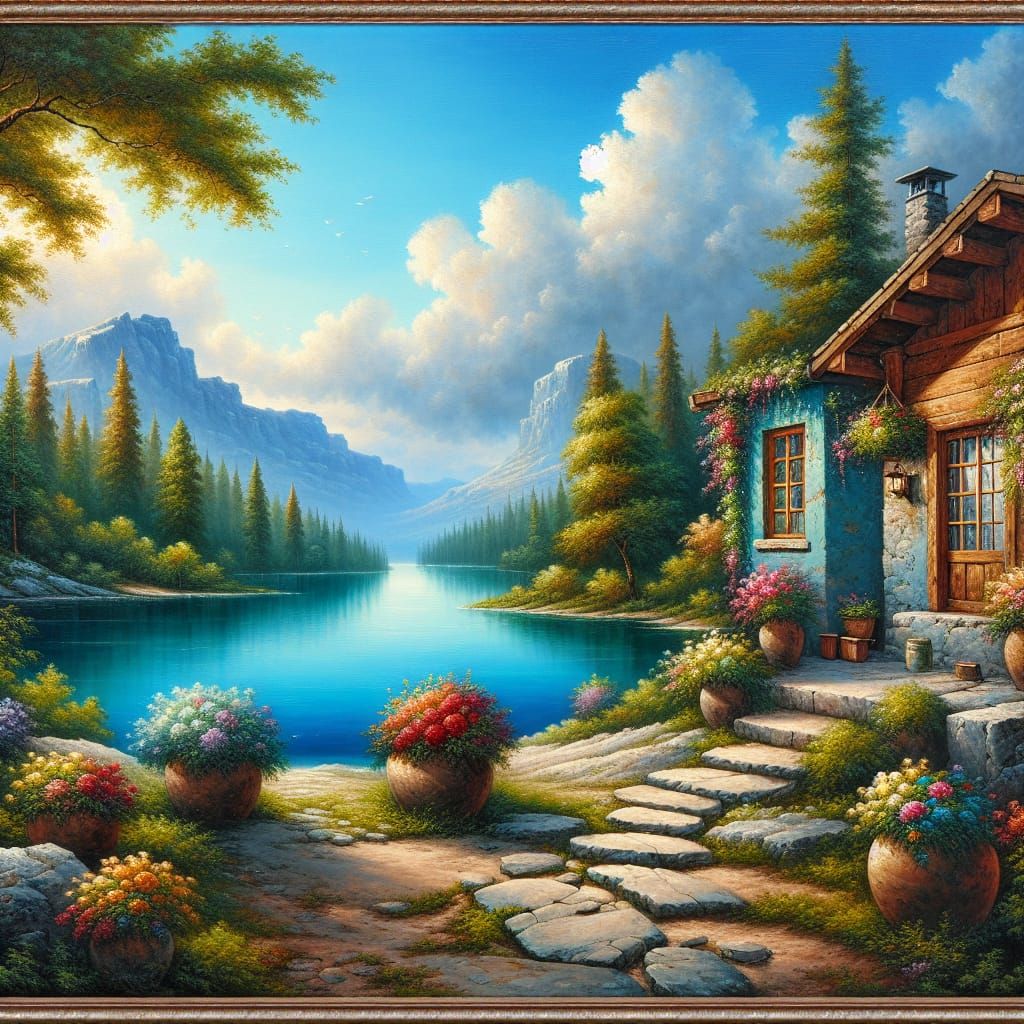 Azure Lakeside Cottage in Oil Painting Style