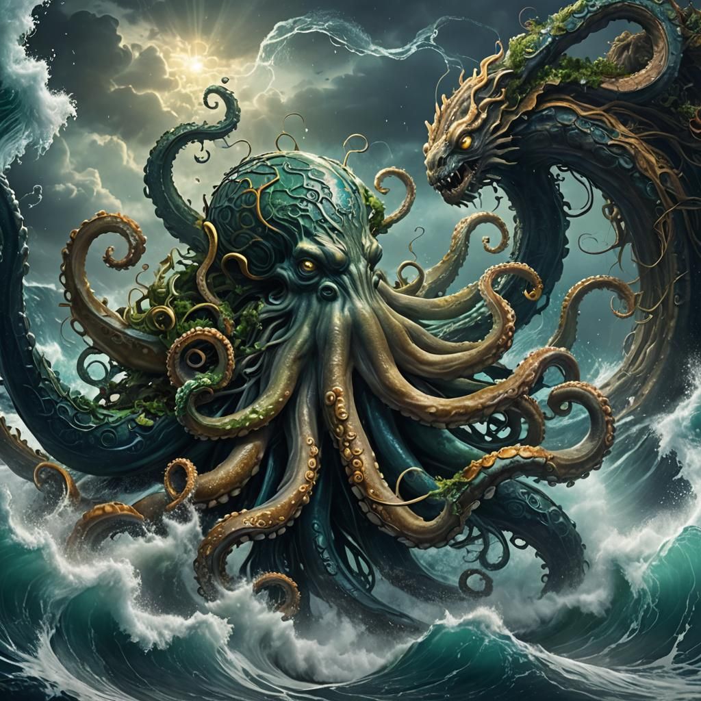 Poseidon Battles Giant Octopus in Stormy Sea