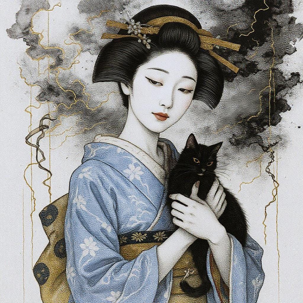 Japanese Woman with Cat in Minimalist Alcohol Ink Art