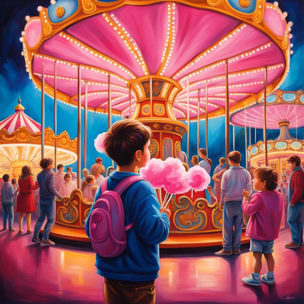 Boy with Cotton Candy at a Carousel