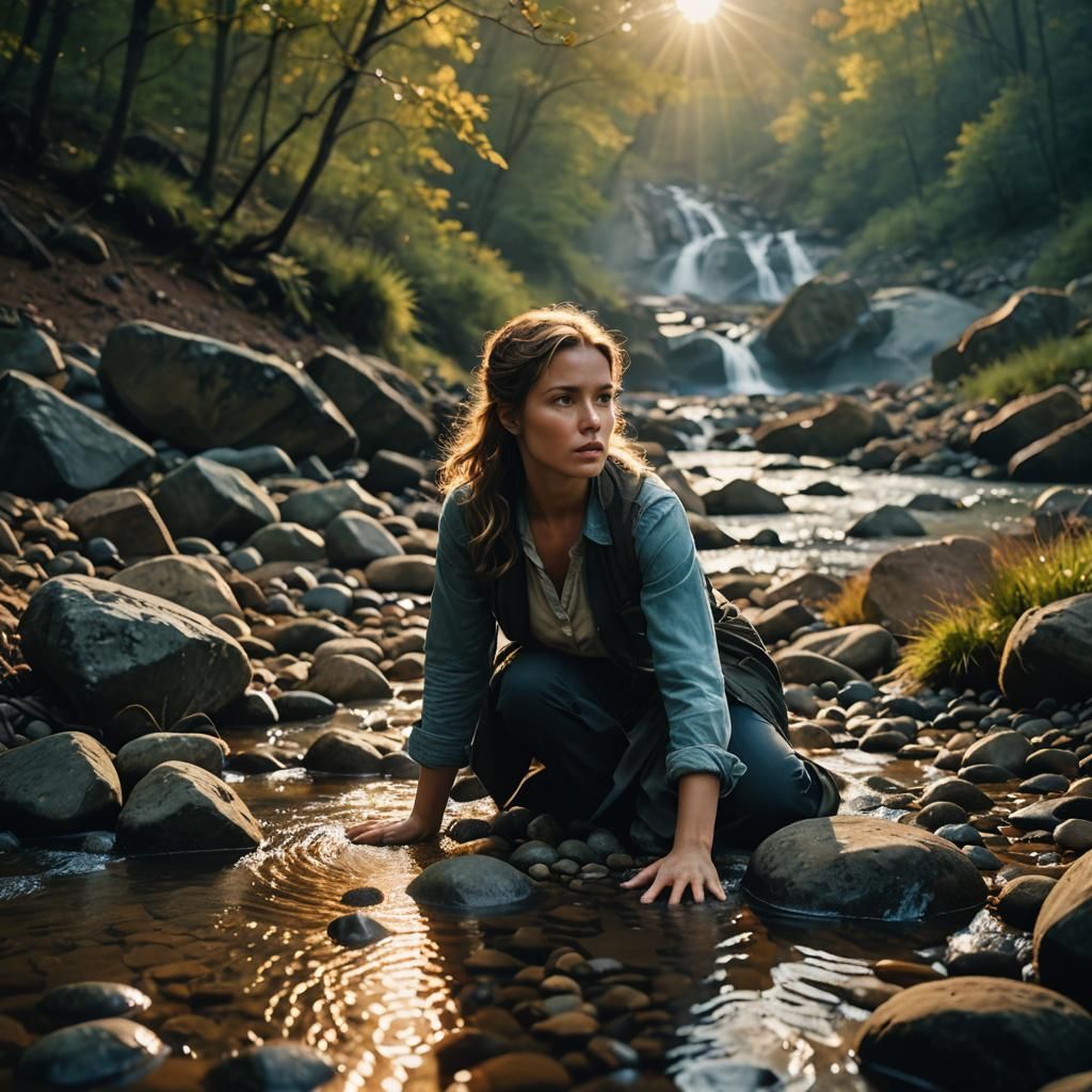 Dramatic Film Still: Woman Defending Near Stream