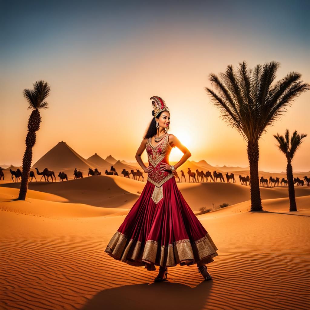 Samba Dancer at Desert Sunrise with Camel