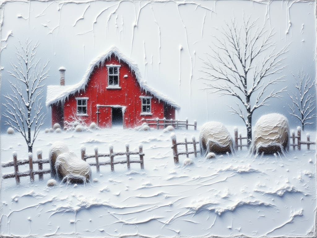 Impasto Painting of Snowy Red Barn in Blizzard